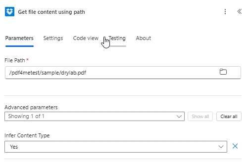 Azione Dropbox Ottieni contenuto file utilizzando il percorso con Percorso file /pdf4metest/sample/drylab.pdf e Inferisci tipo di contenuto impostato su Sì